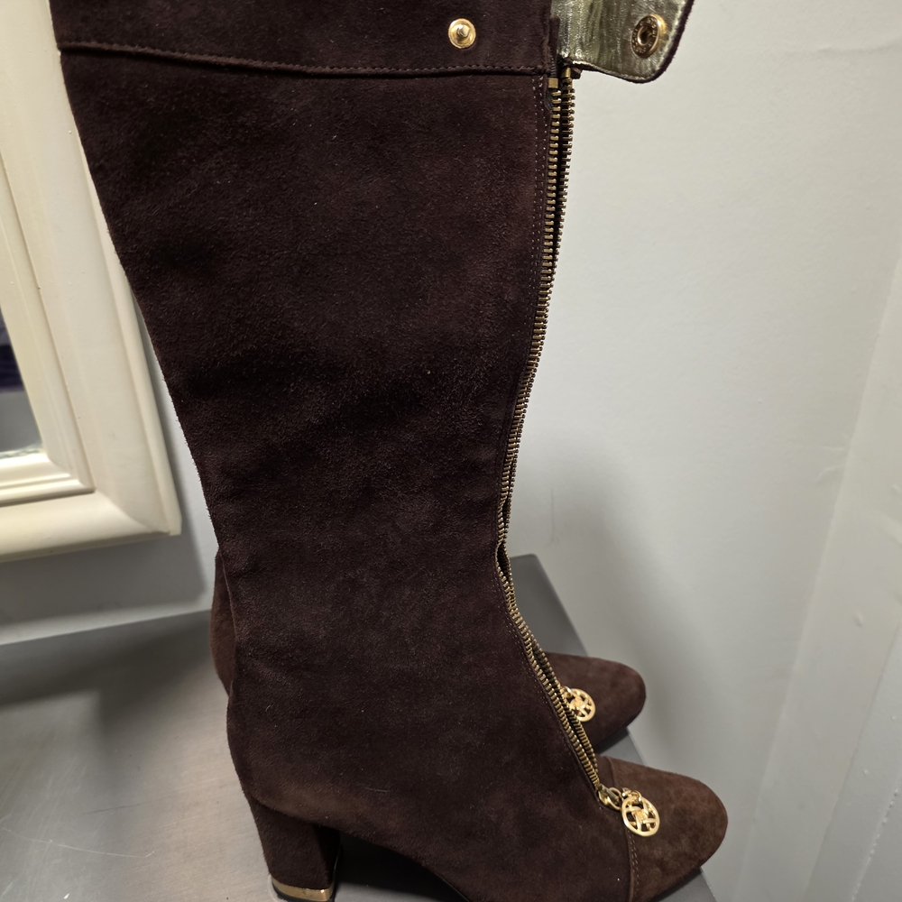 Elegant Brown Suede Knee-High Boots With Gold Hardware